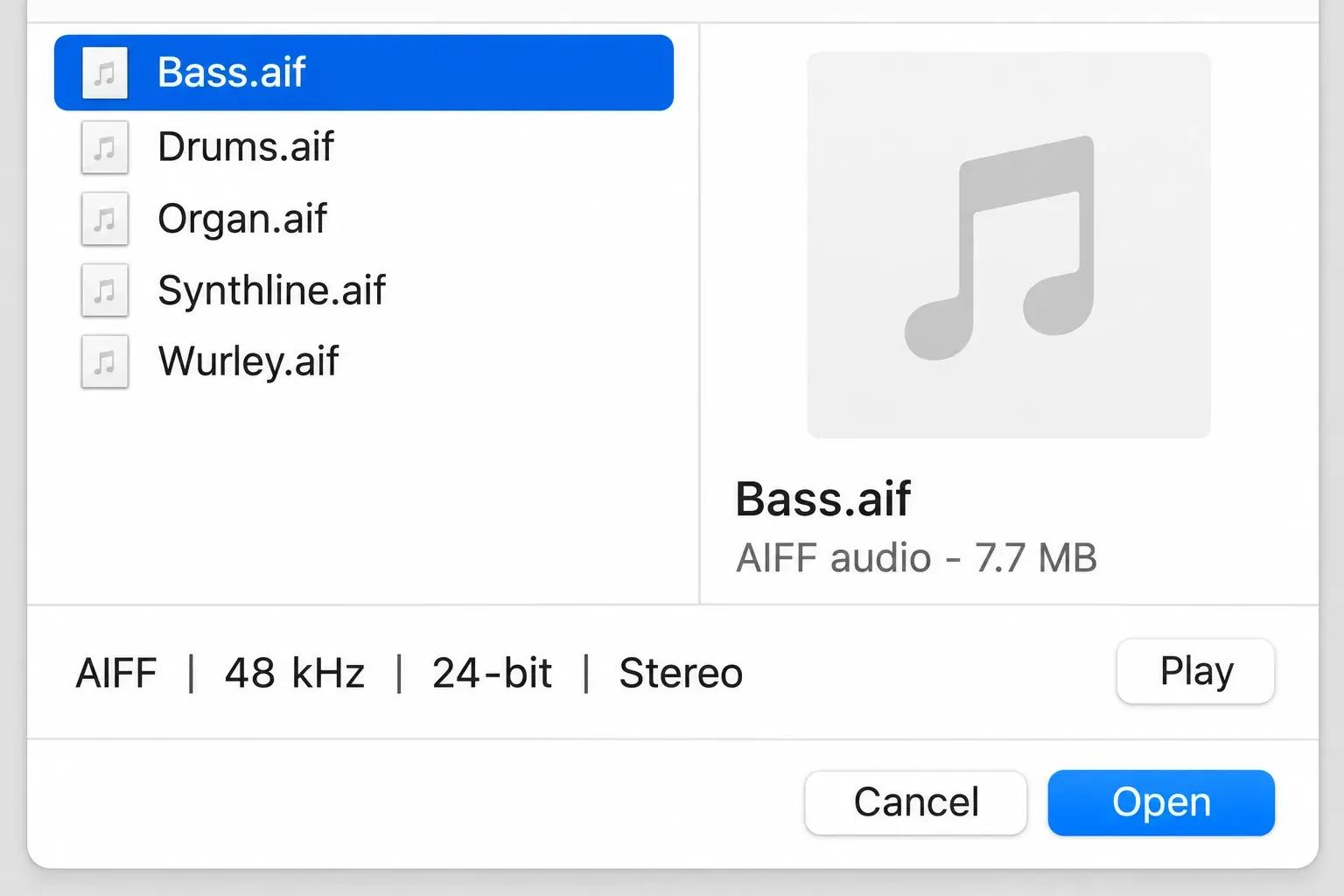Logic Pro audio import dialog with AIFF format, 48 kHz sample rate, 24-bit stereo information and Play and Open controls