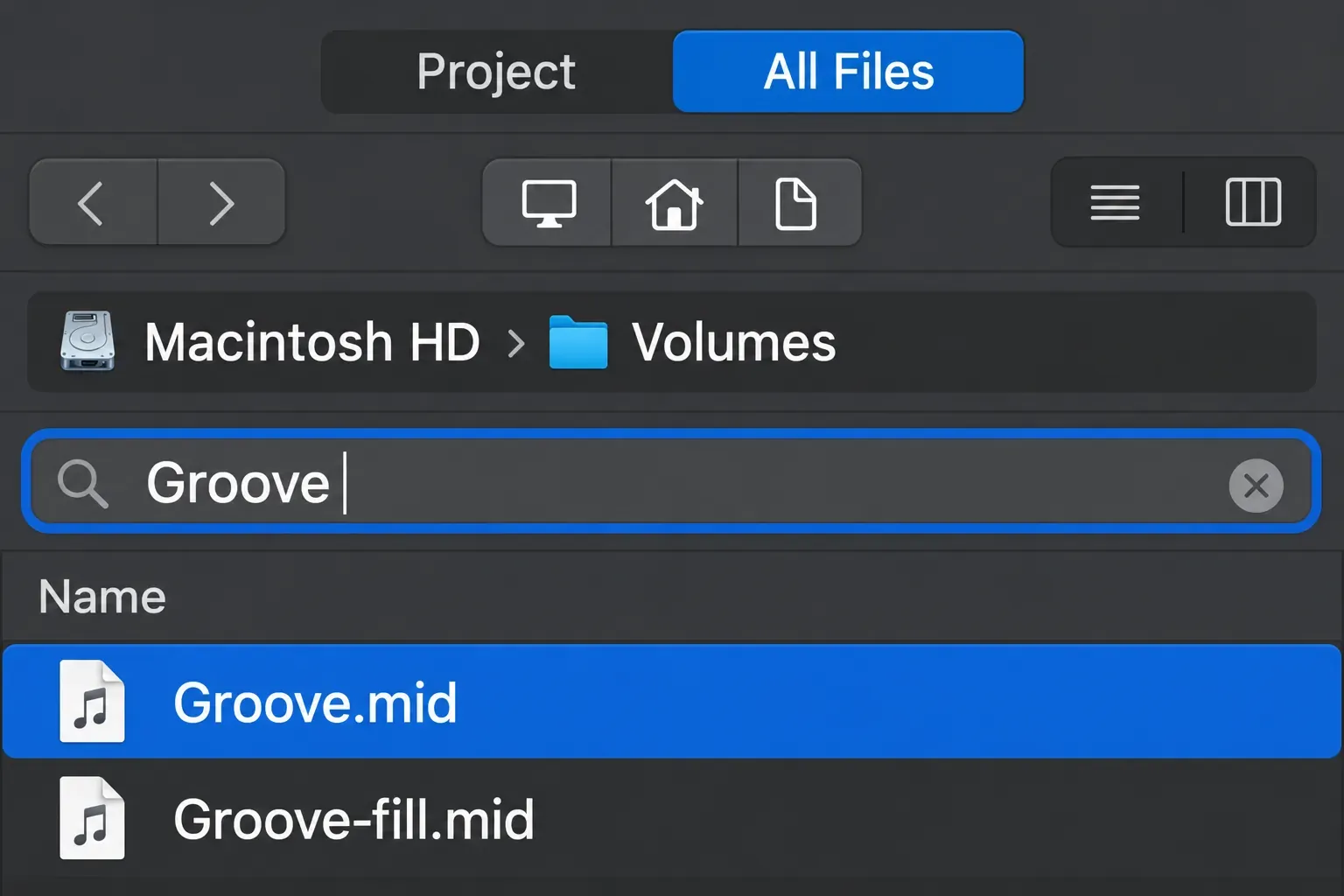 Logic Pro All Files Browser with Groove.mid selected in the file list