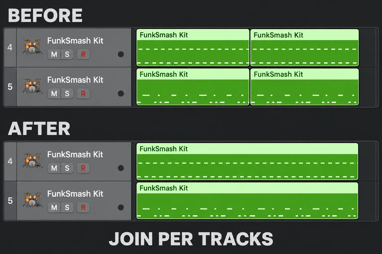 Logic Pro MIDI regions before and after Join per Tracks, keeping each of two tracks separate