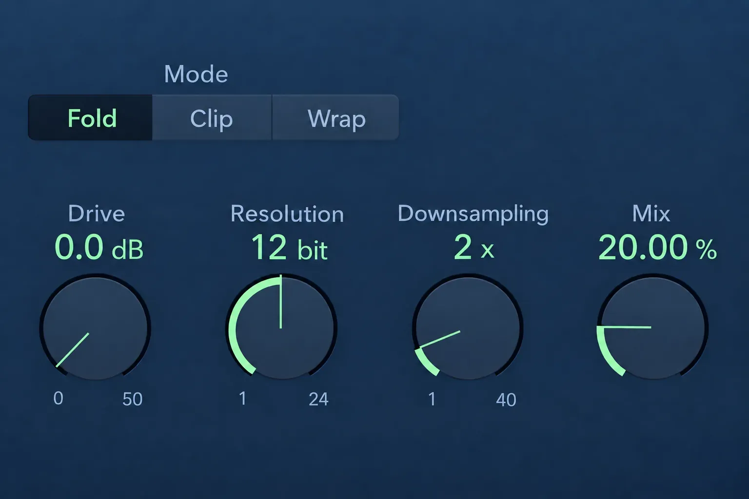 Logic Pro Bitcrusher with Fold, zero Drive, 12-bit Resolution, 2x Downsampling and 20 percent Mix