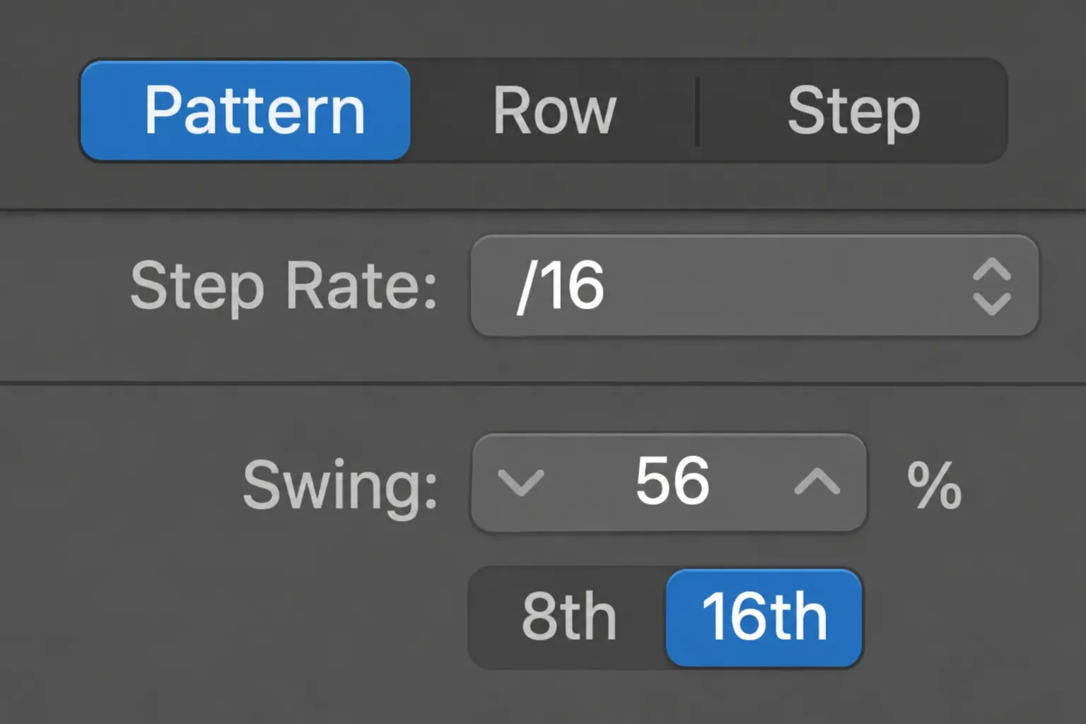 Logic Pro Step Sequencer local Pattern inspector with Swing at 56 percent and 16th selected