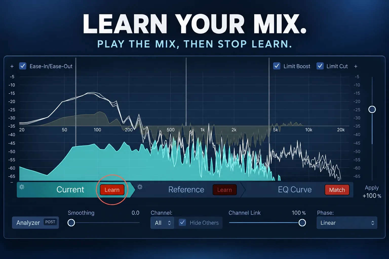 Logic Pro Match EQ with Current Learn highlighted and the green current spectrum visible