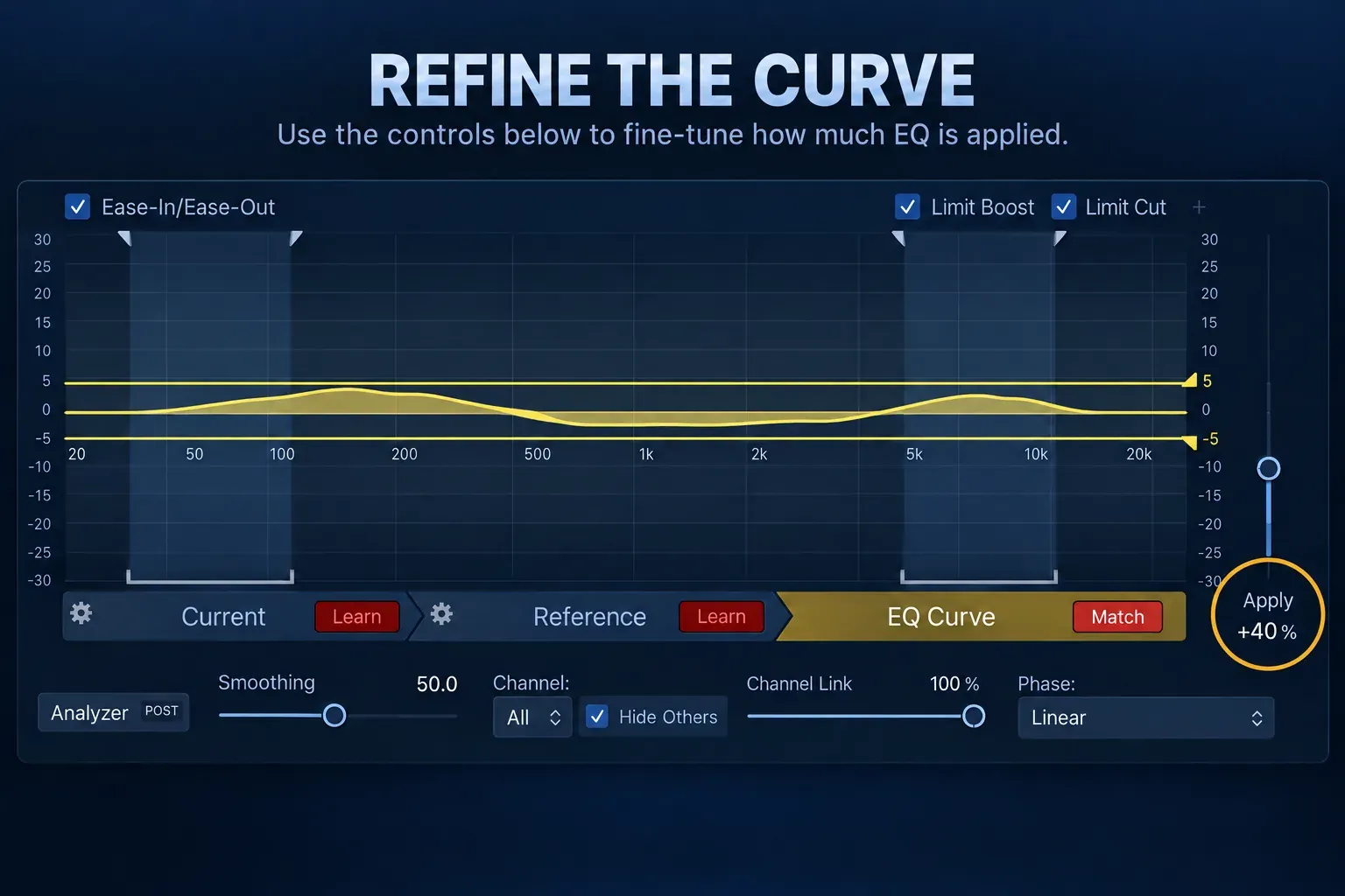 Logic Pro Match EQ showing Apply at 40 percent, Smoothing and boost-cut limits around a yellow curve