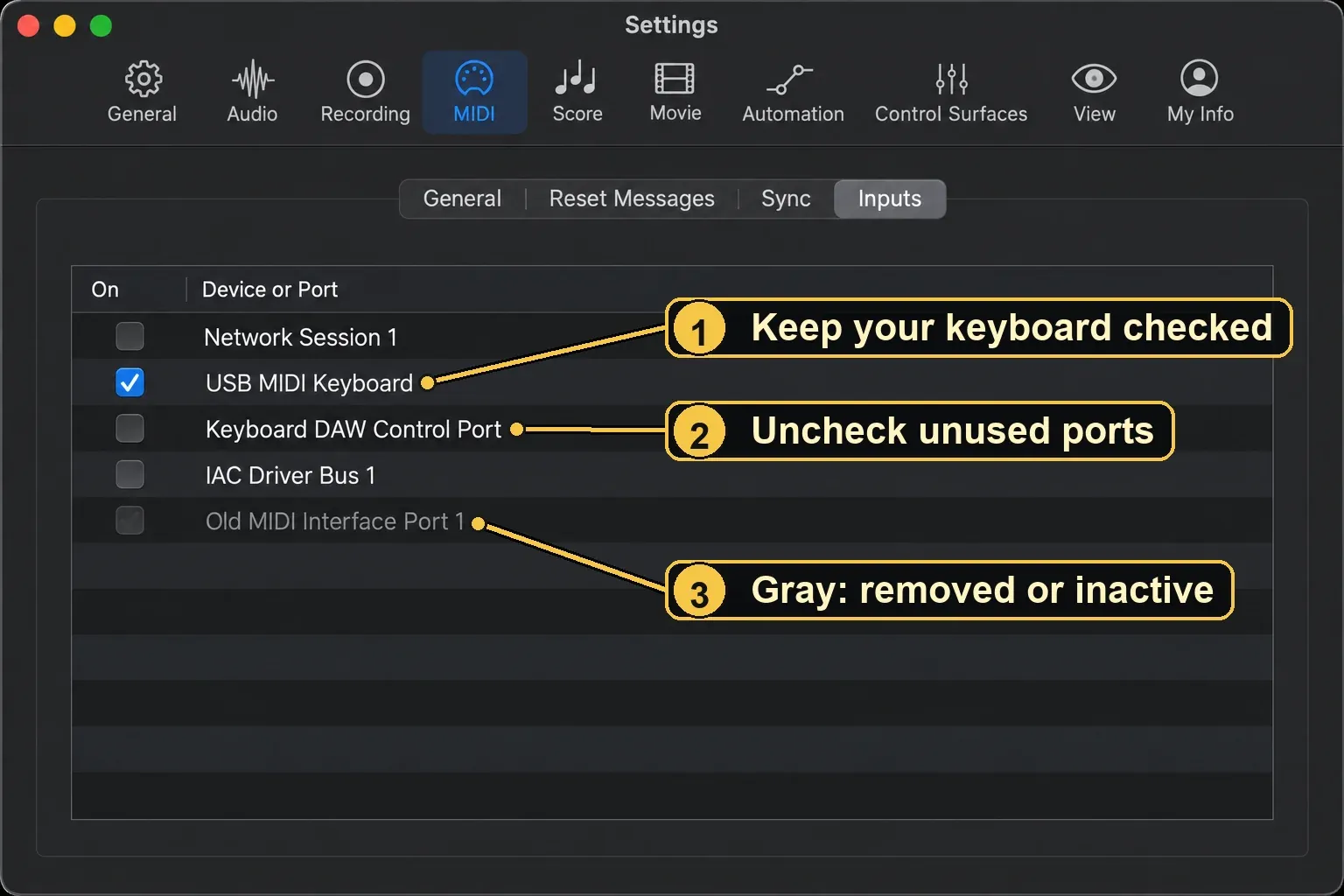 Logic Pro Settings window on the MIDI Inputs tab with On checkboxes, a checked USB keyboard port, an unchecked DAW control port and a grayed-out removed device