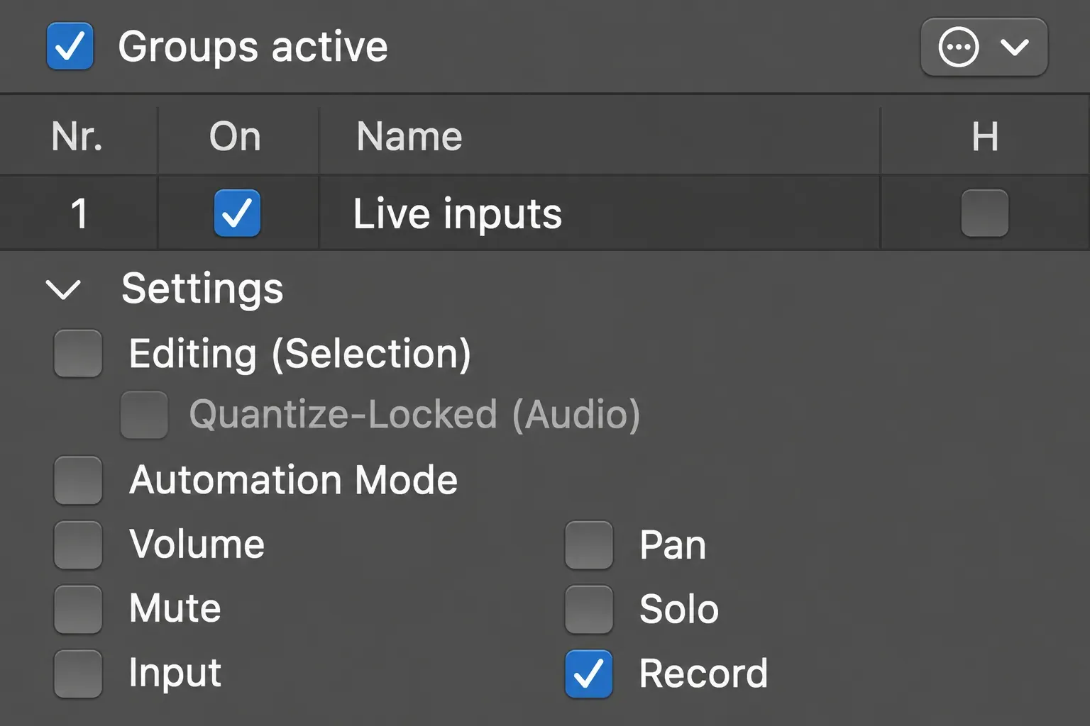 Logic Pro Group Settings with the Live inputs group active, Record selected and Input unchecked