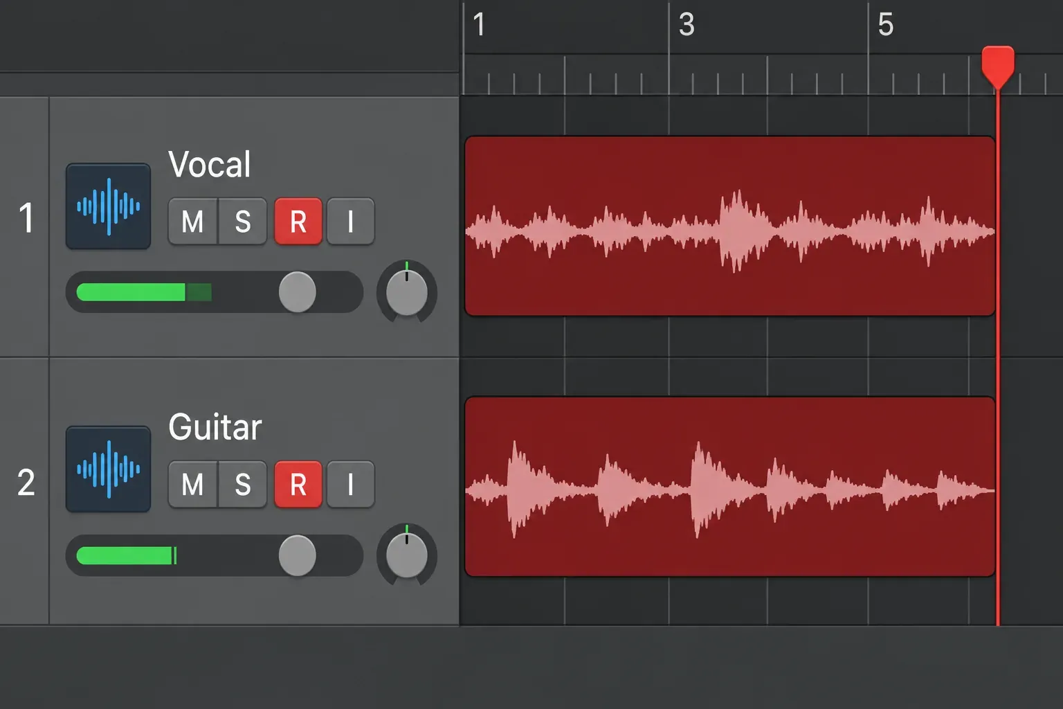 Logic Pro Vocal and Guitar audio tracks with both Record Enable buttons active and separate red recording regions
