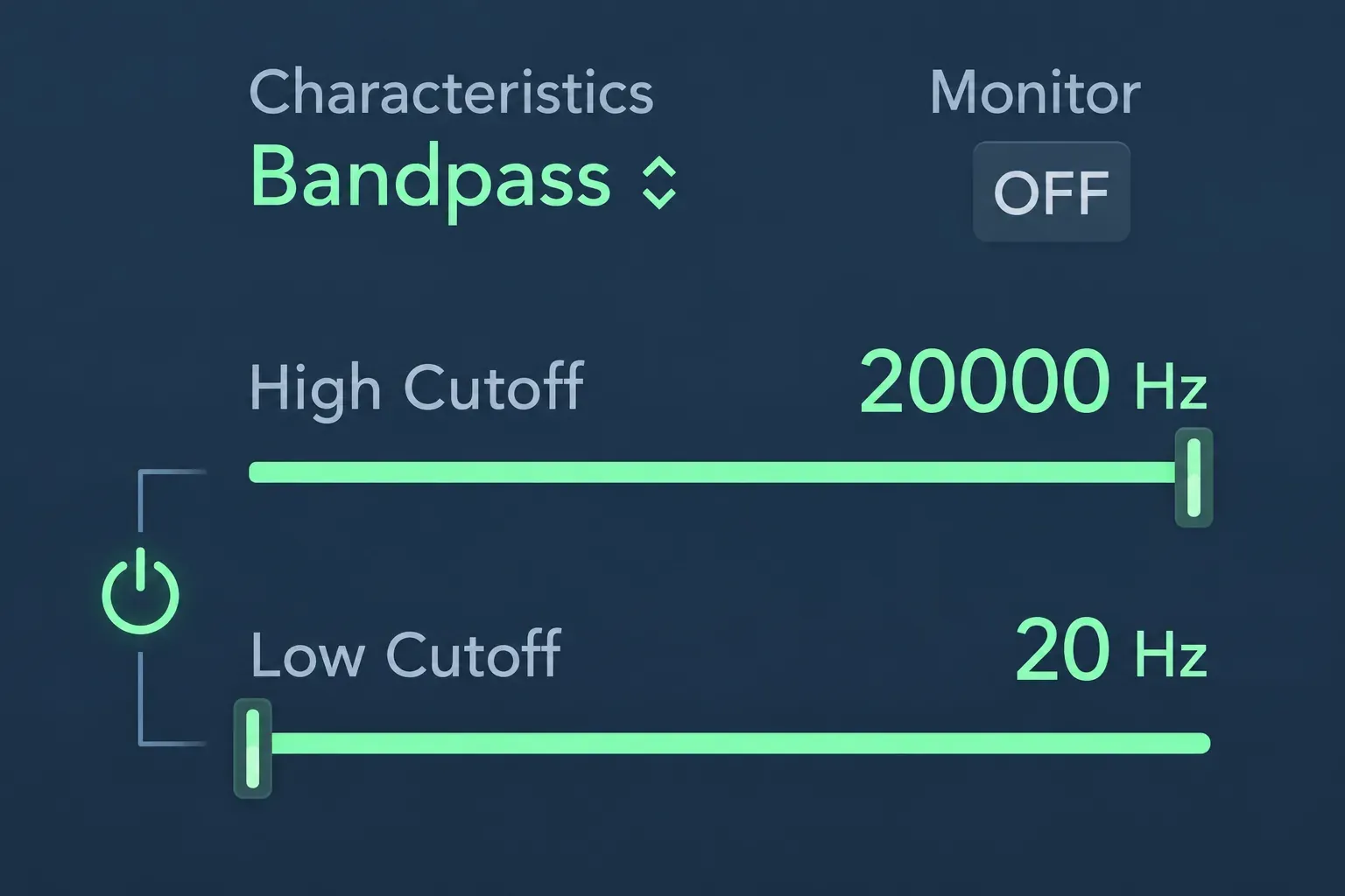 Logic Pro Noise Gate detector filter panel with Bandpass, Monitor off, High Cutoff and Low Cutoff sliders and the Filter button