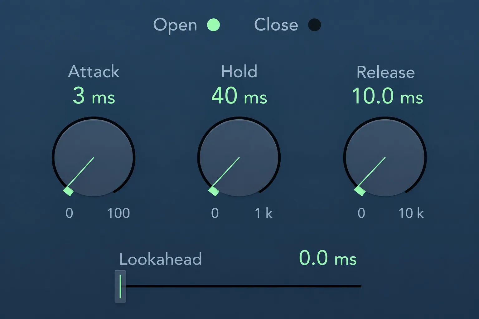 Logic Pro Noise Gate Attack, Hold and Release knobs with Open and Close indicators and the Lookahead slider