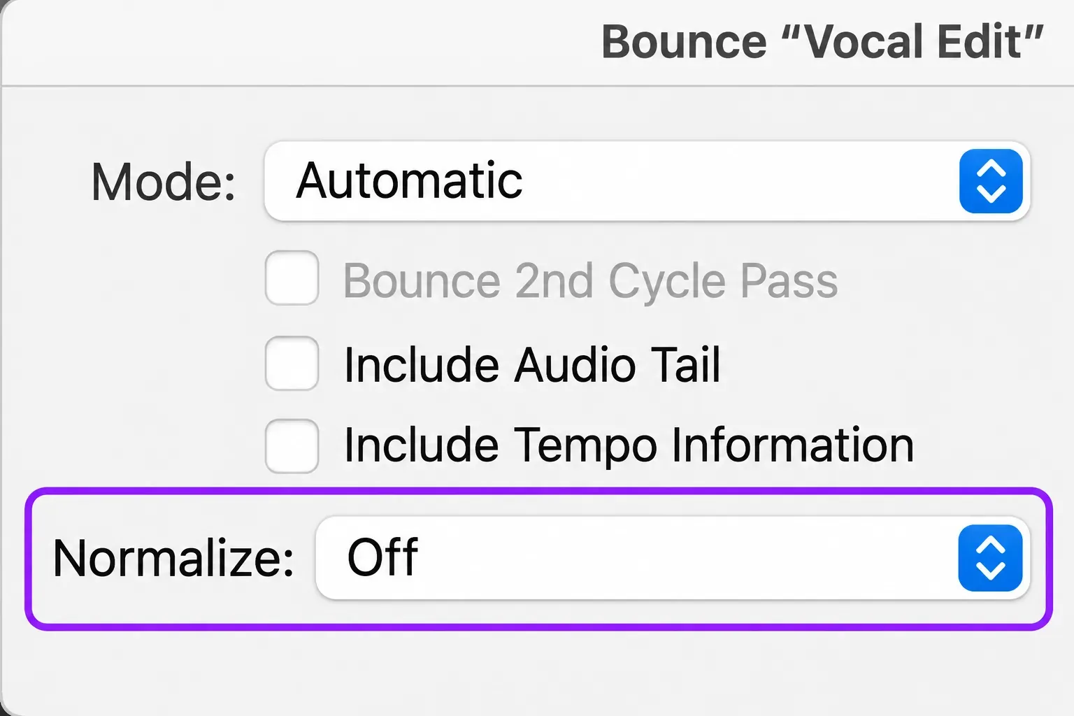 Logic Pro Bounce dialog close-up with Normalize set to Off below the mode and audio-tail options