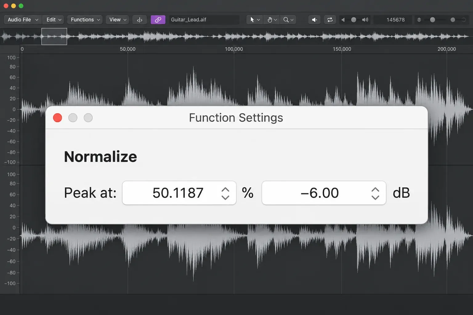 Logic Pro Audio File Editor with Function Settings showing a Peak at target of minus 6 dB and 50.1187 percent