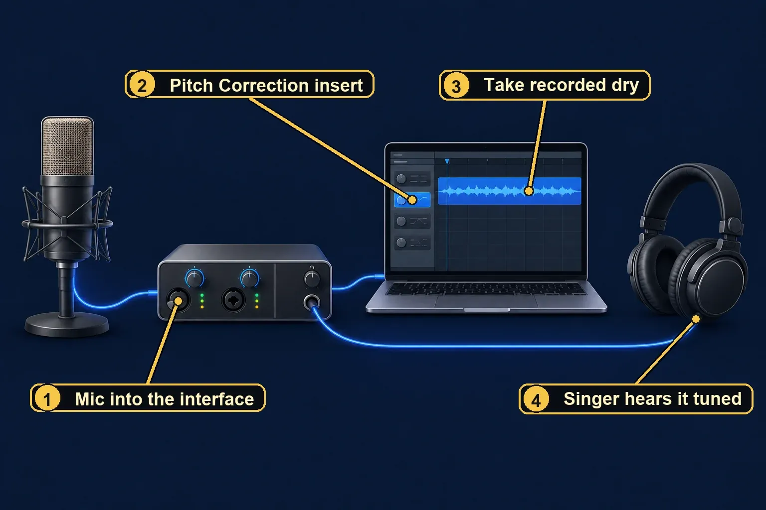 Signal path diagram: a condenser mic plugged into an audio interface, a laptop recording the dry take from the track input with a Pitch Correction insert highlighted on the track, and the tuned vocal returning through the interface to the singer’s headphones