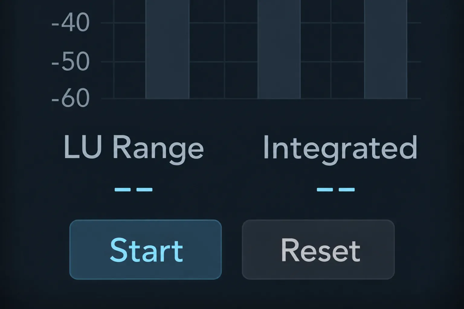 Lower controls of Logic Pro Loudness Meter with empty LU Range and Integrated fields above the Start and Reset buttons