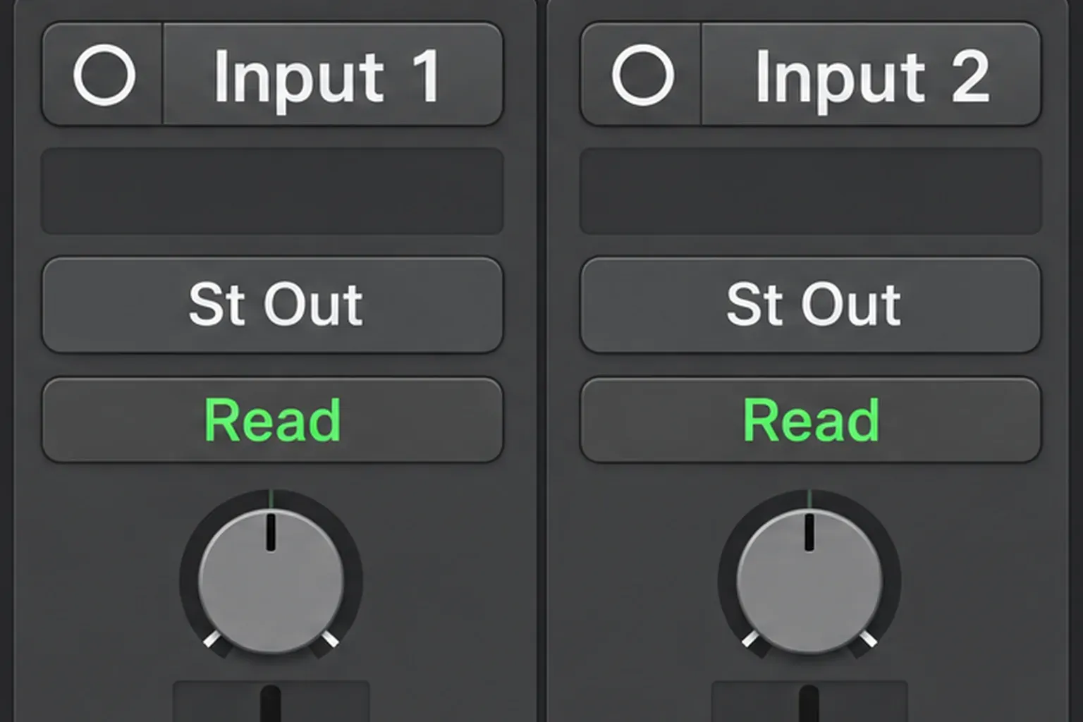 Two mono channel strips in Logic Pro with Input 1 and Input 2 routed to Stereo Out and both pan controls centered