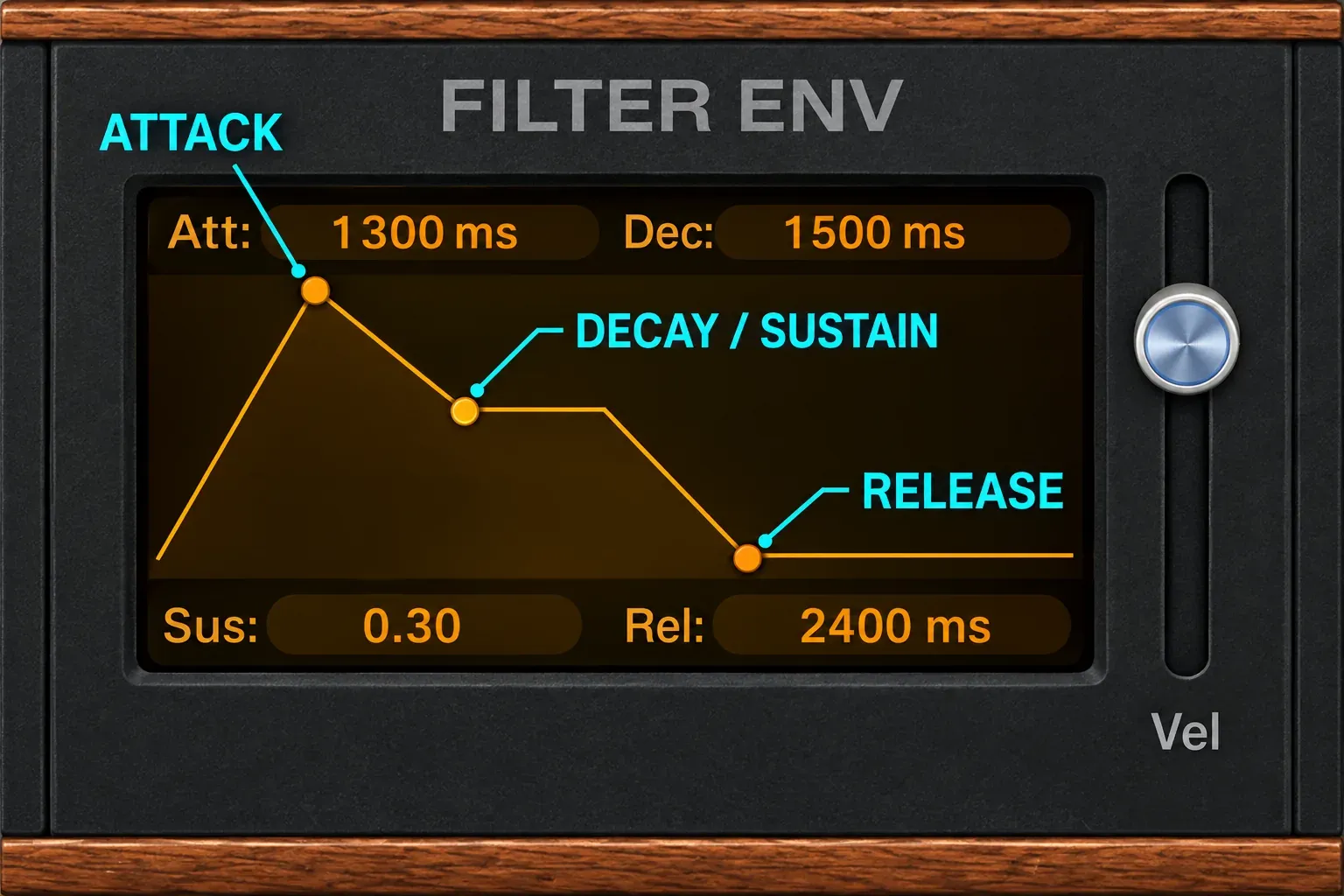 Retro Synth Filter Env graph with Attack, shared Decay and Sustain, Release handles and the Vel slider