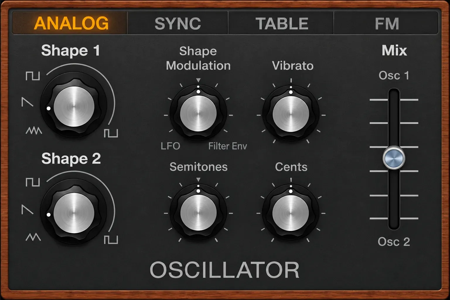 Logic Pro Retro Synth Analog oscillator with Shape 1, Shape 2, Semitones, Cents and the Mix slider