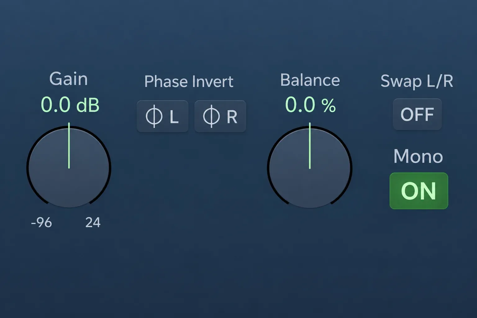 Logic Pro stereo Gain plug-in with centered balance, zero gain and Mono on