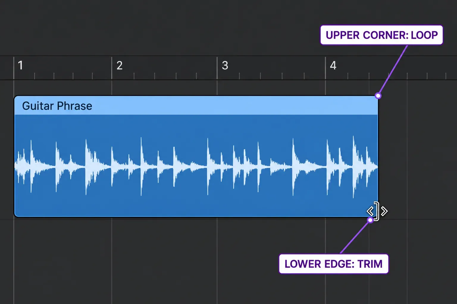 Logic Pro blue audio region with the Resize pointer at the lower-right edge