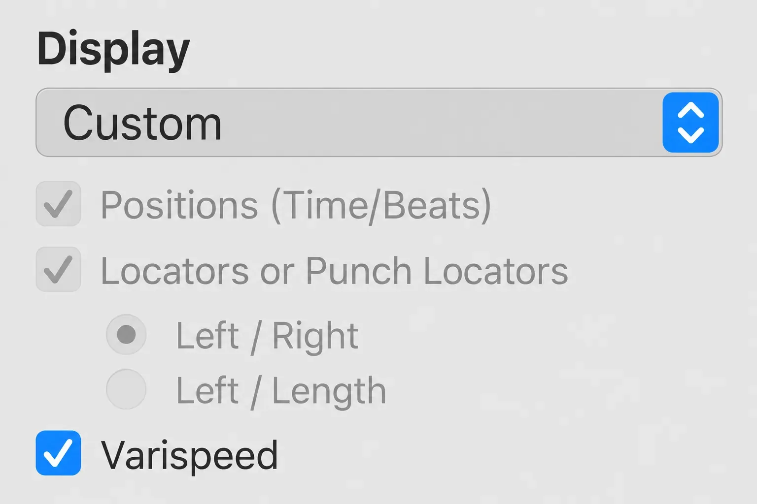 Logic Pro control-bar Display settings with LCD set to Custom and Varispeed checked