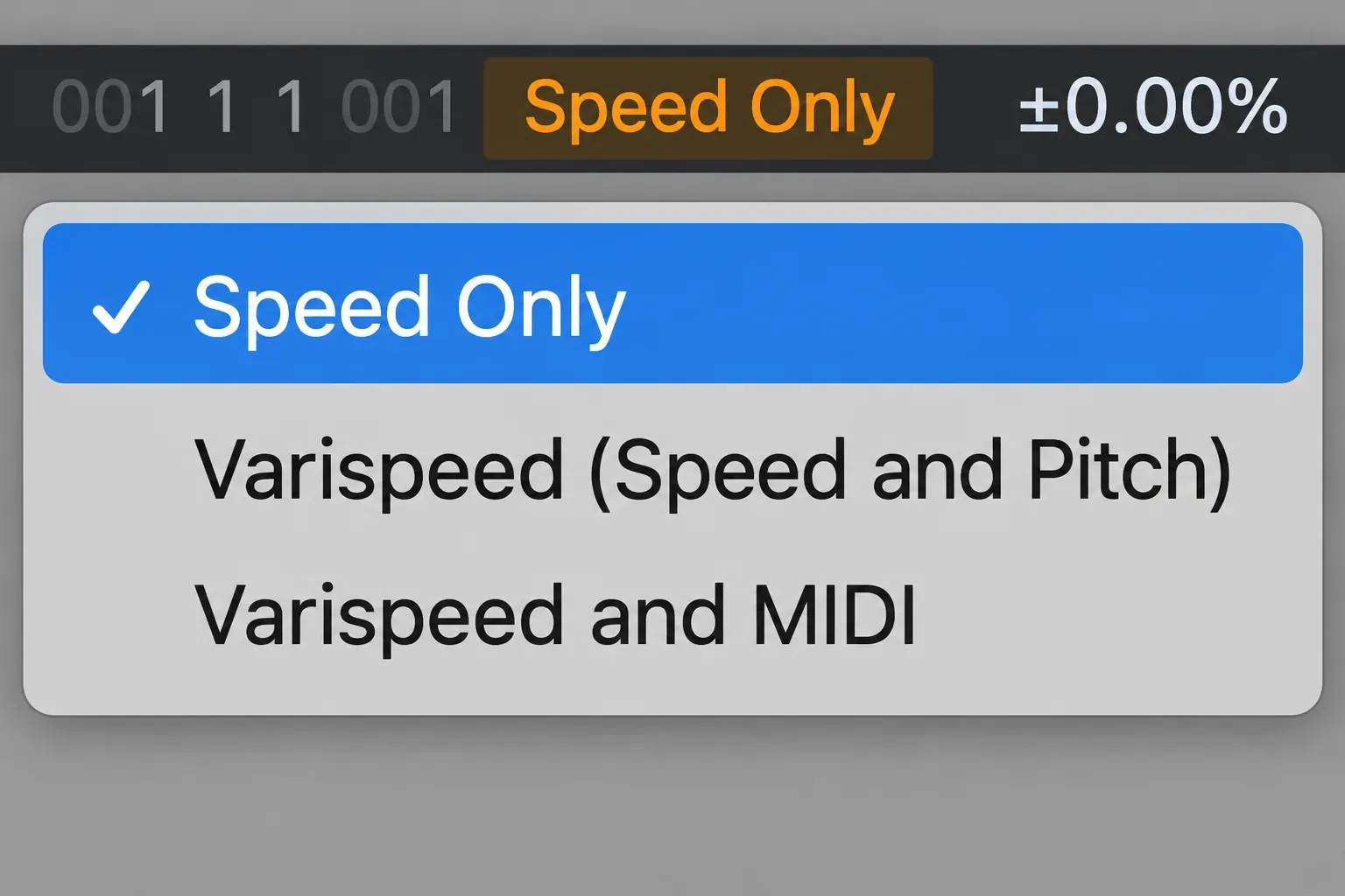 Logic Pro Varispeed mode menu showing Speed Only, Varispeed Speed and Pitch, and Varispeed and MIDI