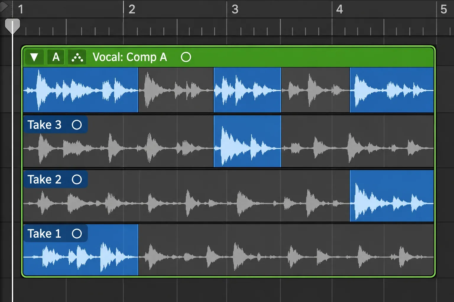 Logic Pro open vocal take folder with selected sections from three takes combined in the Comp A overview