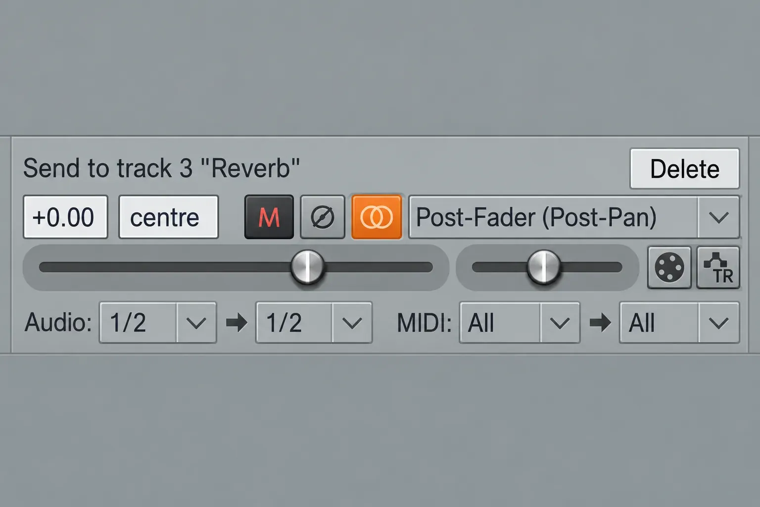 REAPER stereo send to a Reverb track with Post-Fader Post-Pan mode and audio channels 1 and 2 mapped to 1 and 2