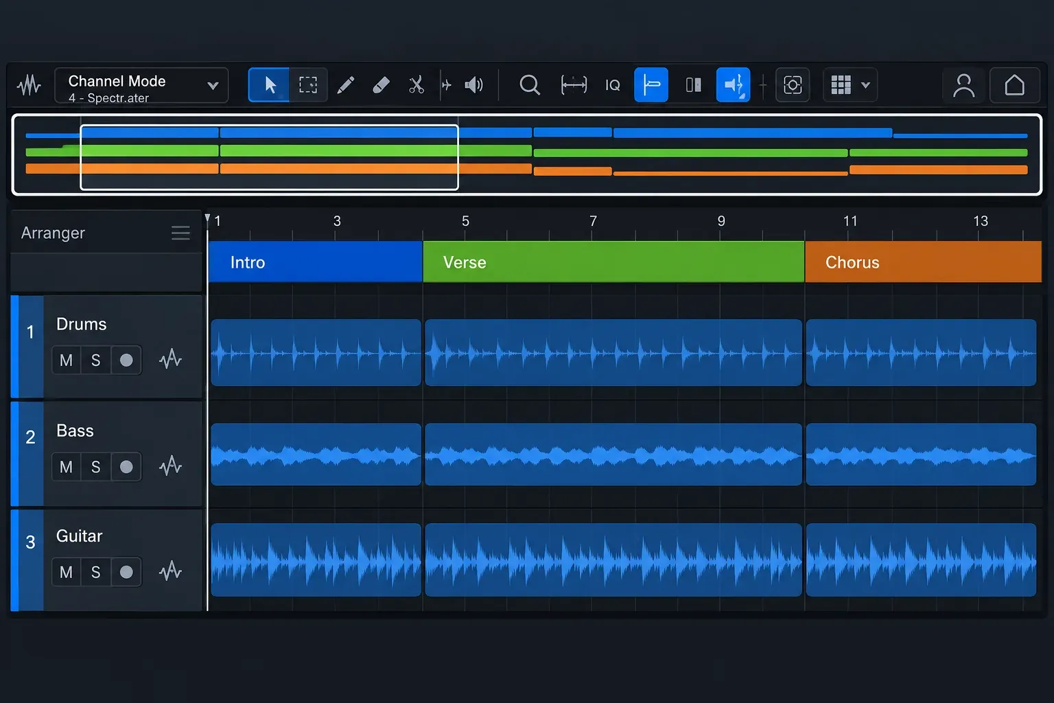 Fender Studio Pro Arrangement Overview above Intro, Verse and Chorus sections in the Arranger track