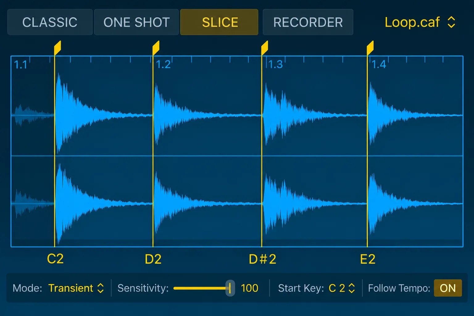 Logic Pro Quick Sampler in Slice mode with a drum loop mapped across four MIDI notes
