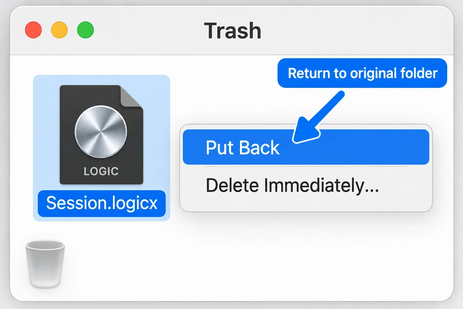 Mac Trash with Session.logicx selected and the Put Back command highlighted to return the project to its original folder