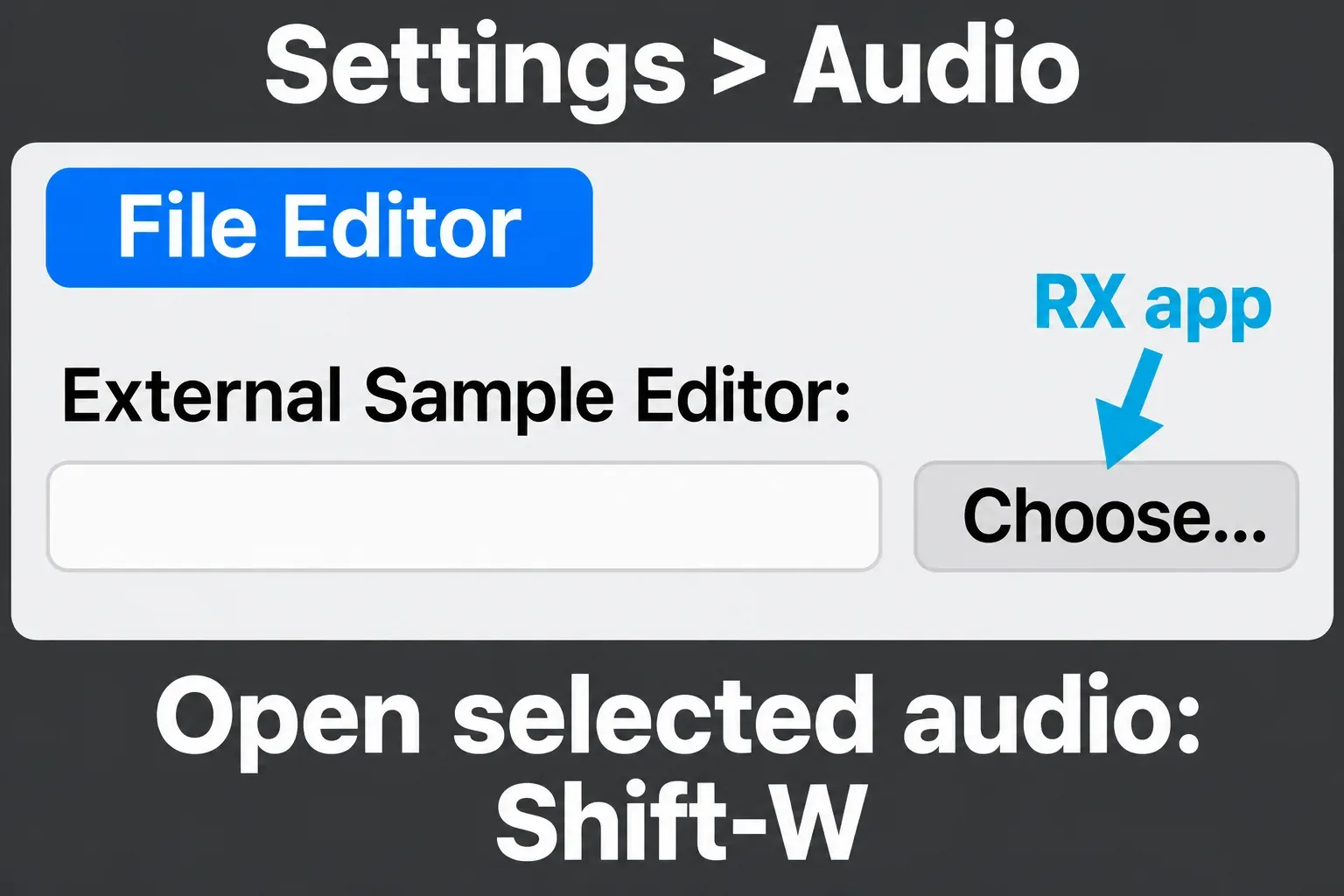 Logic Pro Audio settings with File Editor selected and the External Sample Editor Choose button highlighted