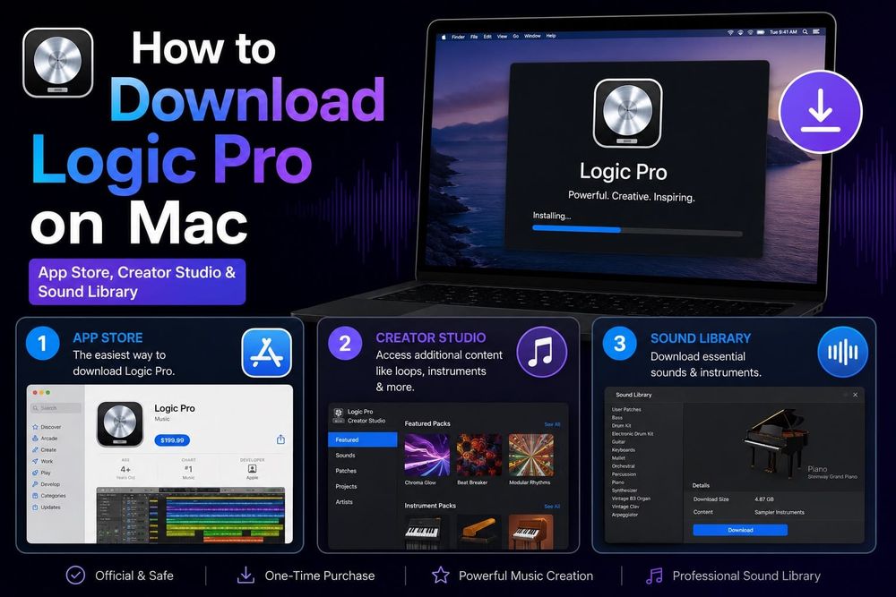 Logic Pro download workflow showing the Mac App Store, Creator Studio and Sound Library