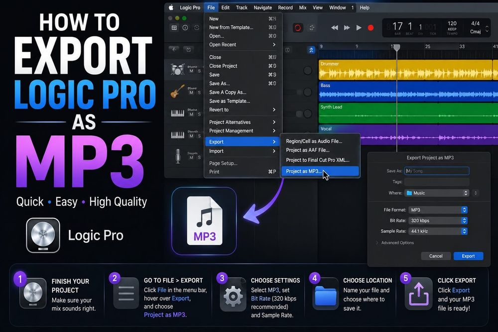 Logic Pro export menu and MP3 settings used to save a project as an MP3