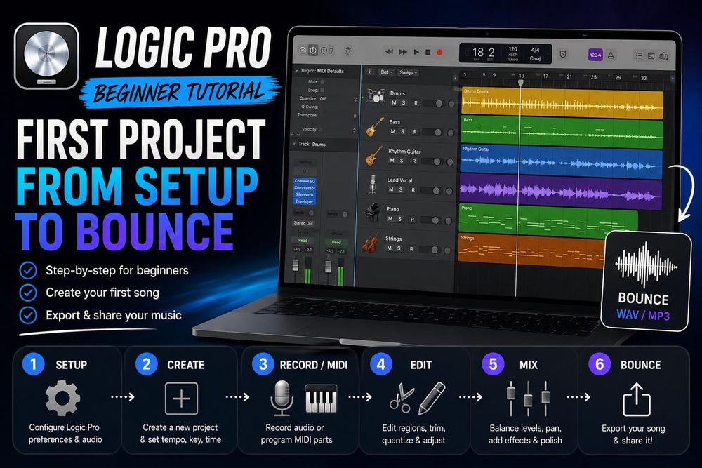 Logic Pro beginner project from setup and recording through mixing and bounce