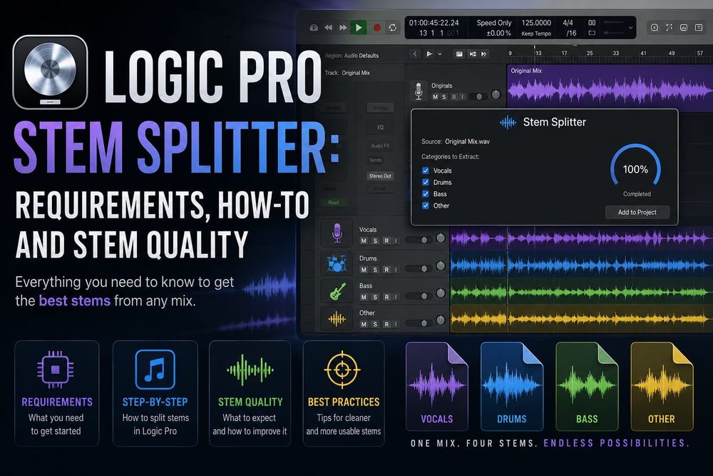 Logic Pro Stem Splitter separating a project into vocals, drums, bass and other stems