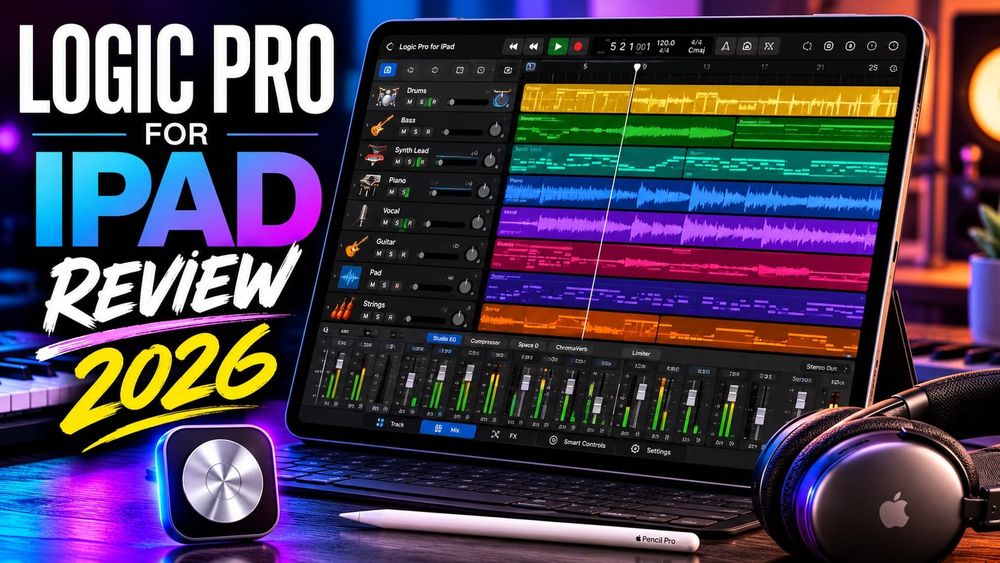 Logic Pro for iPad multitrack project displayed on an iPad with headphones