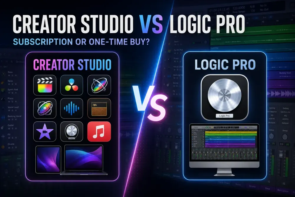 Side-by-side comparison of Apple Creator Studio subscription and one-time Logic Pro Mac purchase in a music studio