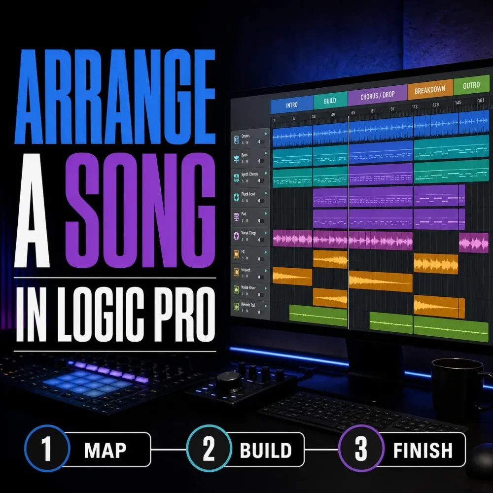 Logic Pro song arrangement workflow with mapped sections across a full timeline