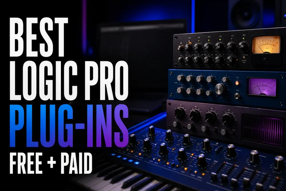 Best free and paid Logic Pro plug-ins represented by studio processors in a dark music production setup