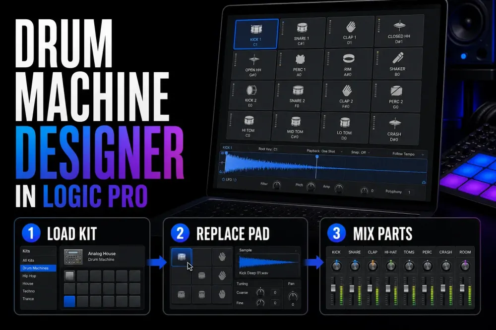 Drum Machine Designer in Logic Pro with custom pads, sample editing and per-part mixing