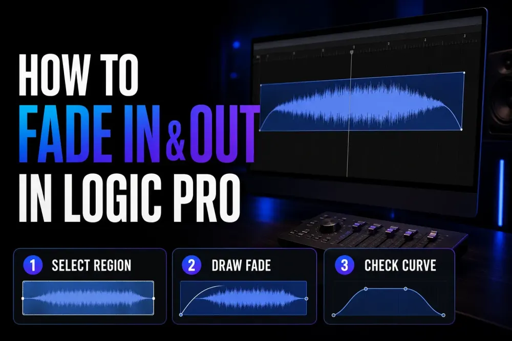 Logic Pro audio waveform with fade-in and fade-out curves on a dark music-production workstation