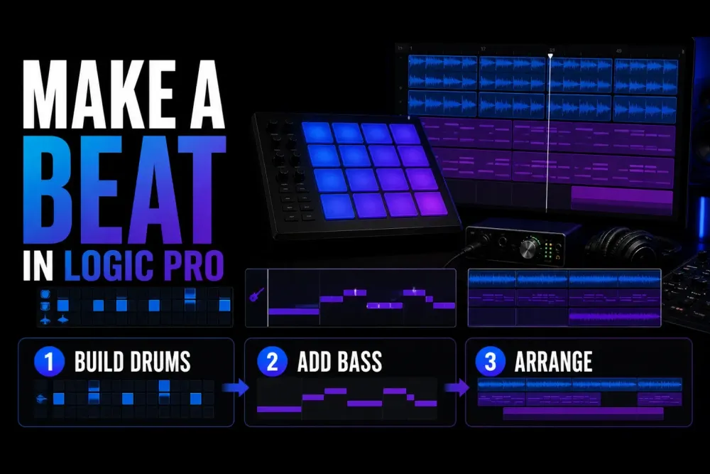Logic Pro beat-making workflow from drum pattern to bass and arrangement