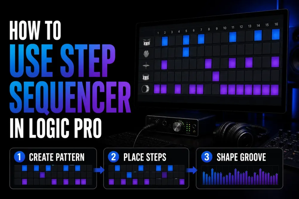 How to use Step Sequencer in Logic Pro with a 16-step drum pattern and three-part workflow