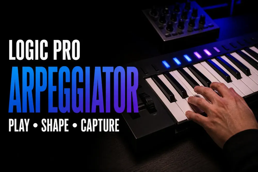 Hand playing a chord on a MIDI keyboard for a Logic Pro Arpeggiator workflow