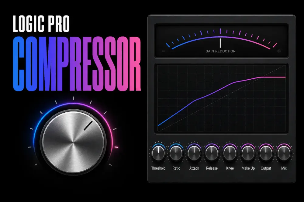 Logic Pro Compressor interface with gain-reduction meter, threshold, ratio, attack, release, knee and output controls