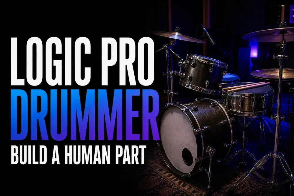 Logic Pro Drummer guide with an acoustic drum kit in a dark studio