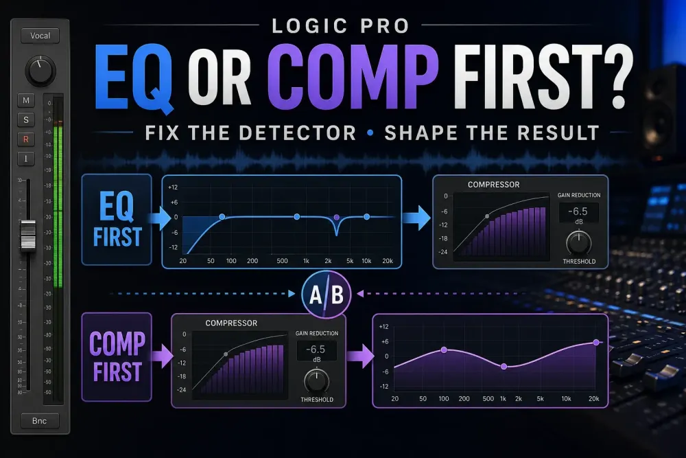 Logic Pro comparison of EQ before compression and compression before EQ