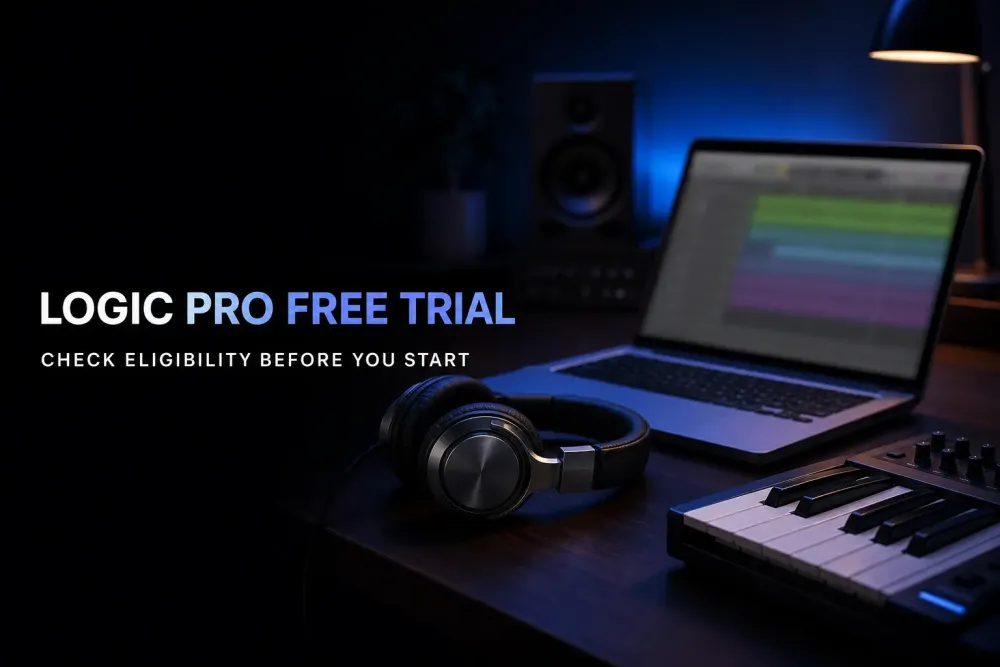 Logic Pro free trial guide with Mac, headphones and MIDI keyboard in a home studio