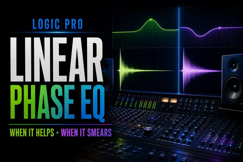 Linear Phase EQ curve and transient waveform in a Logic Pro mastering workflow