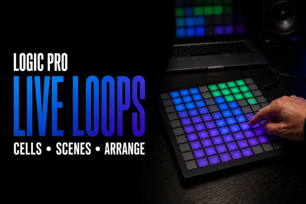 Logic Pro Live Loops performance with an 8×8 pad controller
