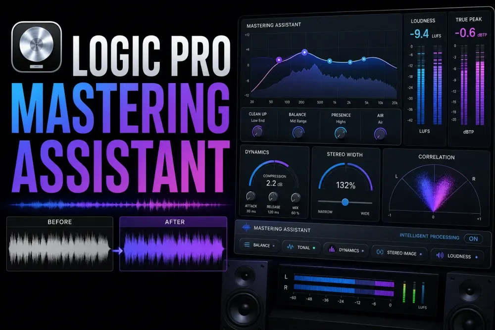 Logic Pro-style mastering display with corrective EQ, LUFS, dynamics, true peak, stereo width and correlation meters