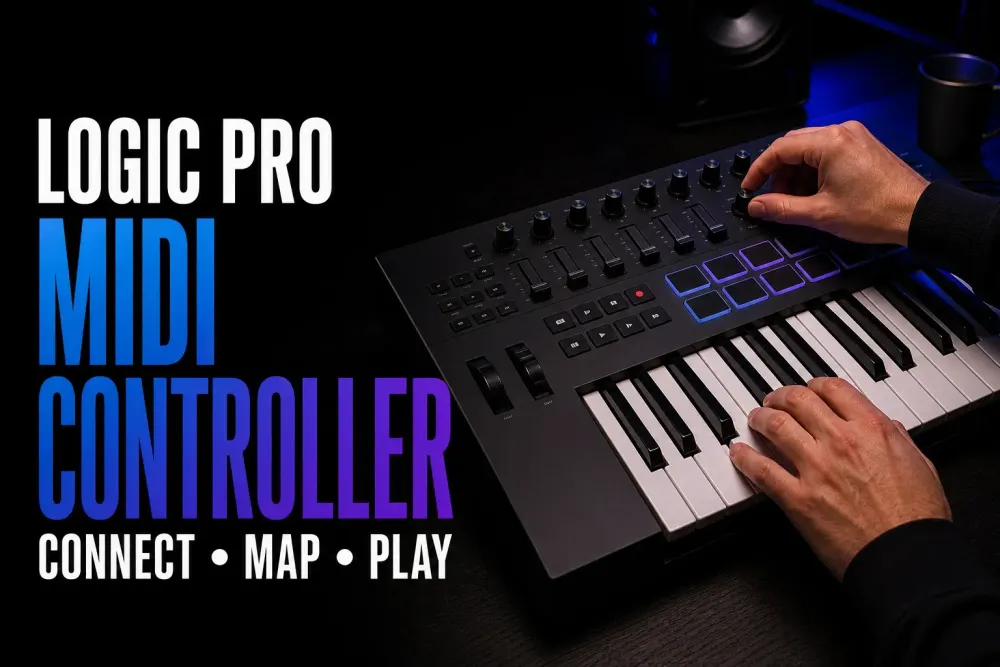 Hands playing and mapping knobs on a MIDI keyboard controller for Logic Pro